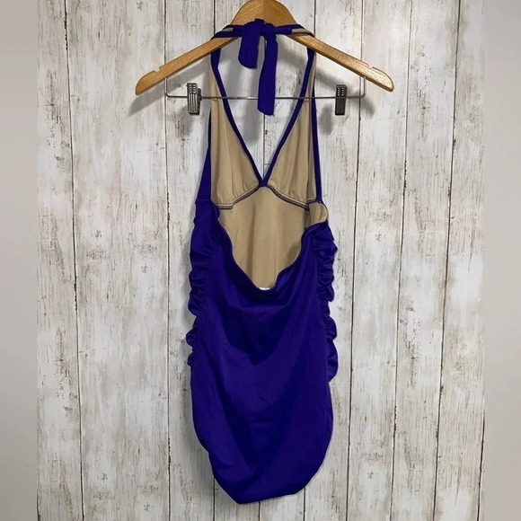 J.Crew Dark Purple Ruched Halter One- Piece Swimsuit Size 14 - Picture 2 of 7